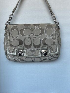 Coach Poppy Signature C Metallic Canvas & Leather Messenger Flap Satchel